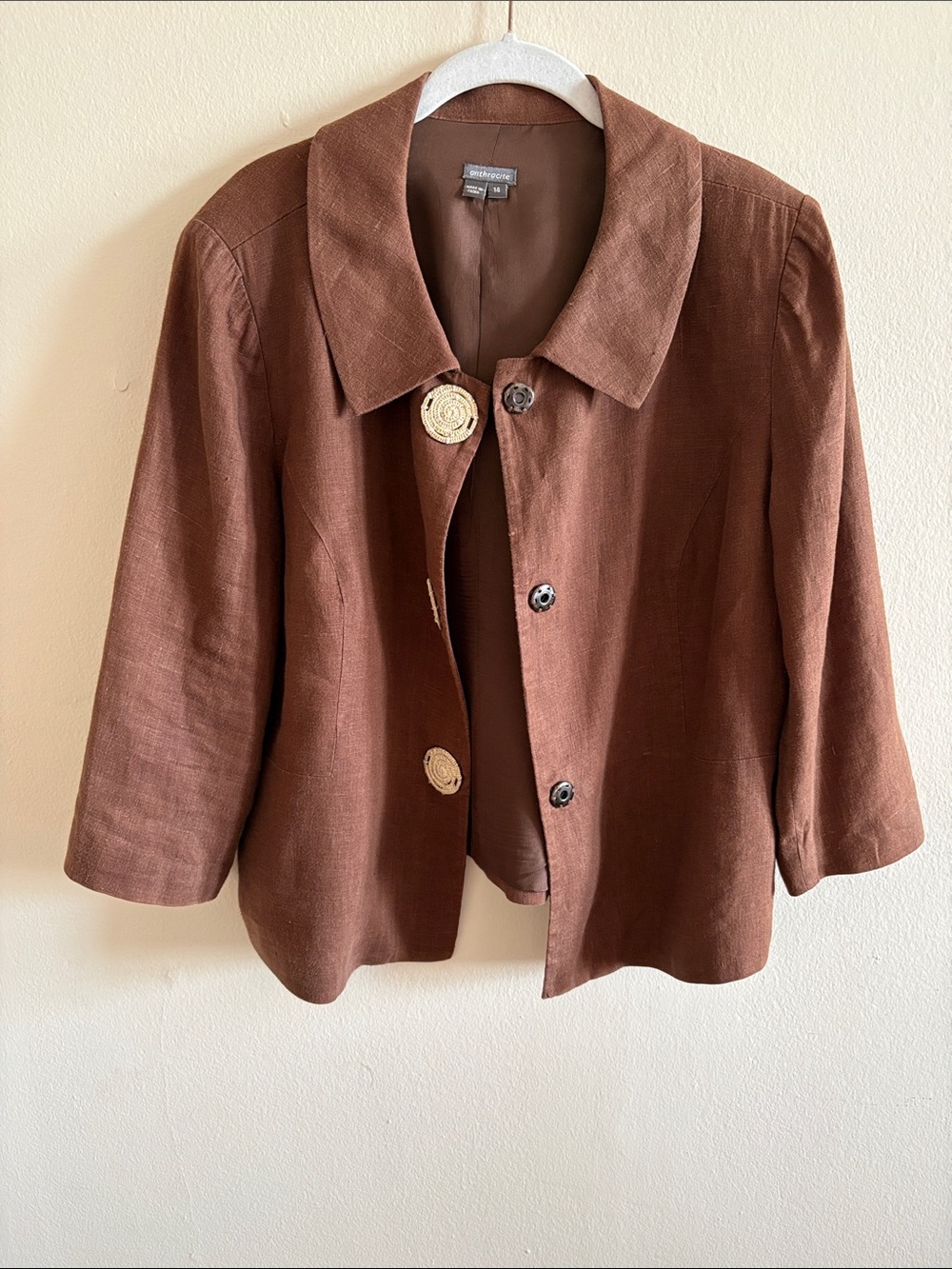 Anthracite Brown Linen Jacket Crochet Closure Size 14